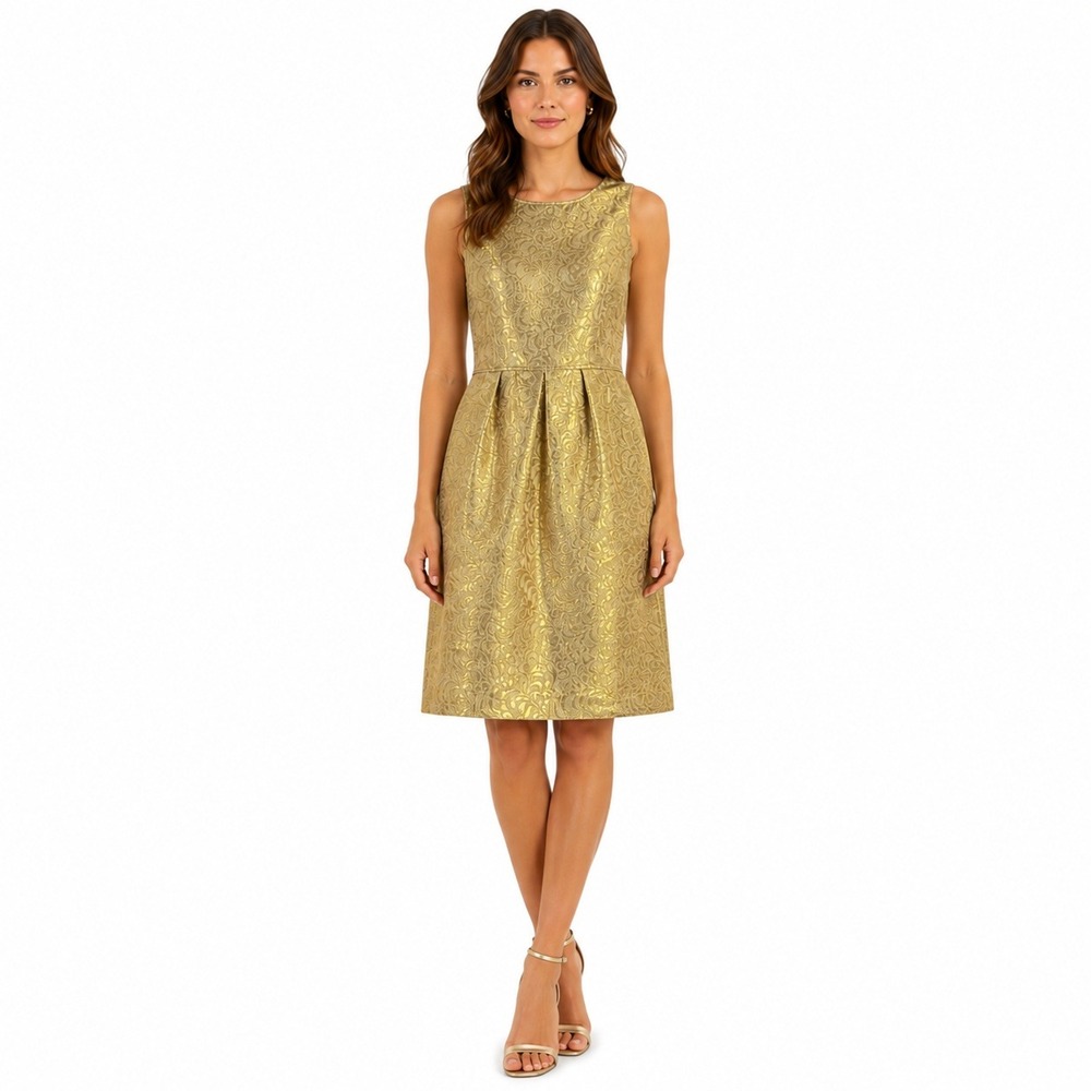 Jones New York Gold Metallic Brocade Silk Blend Sheath Dress Womens 10 Holiday